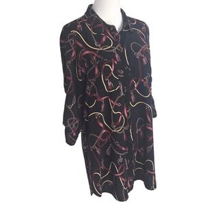 Equestrian Chain Print Tunic Dress M Black Gold Button Front Mob Wife